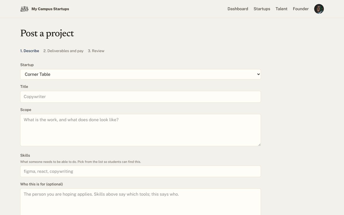 The post a project form: startup, title, scope and skills