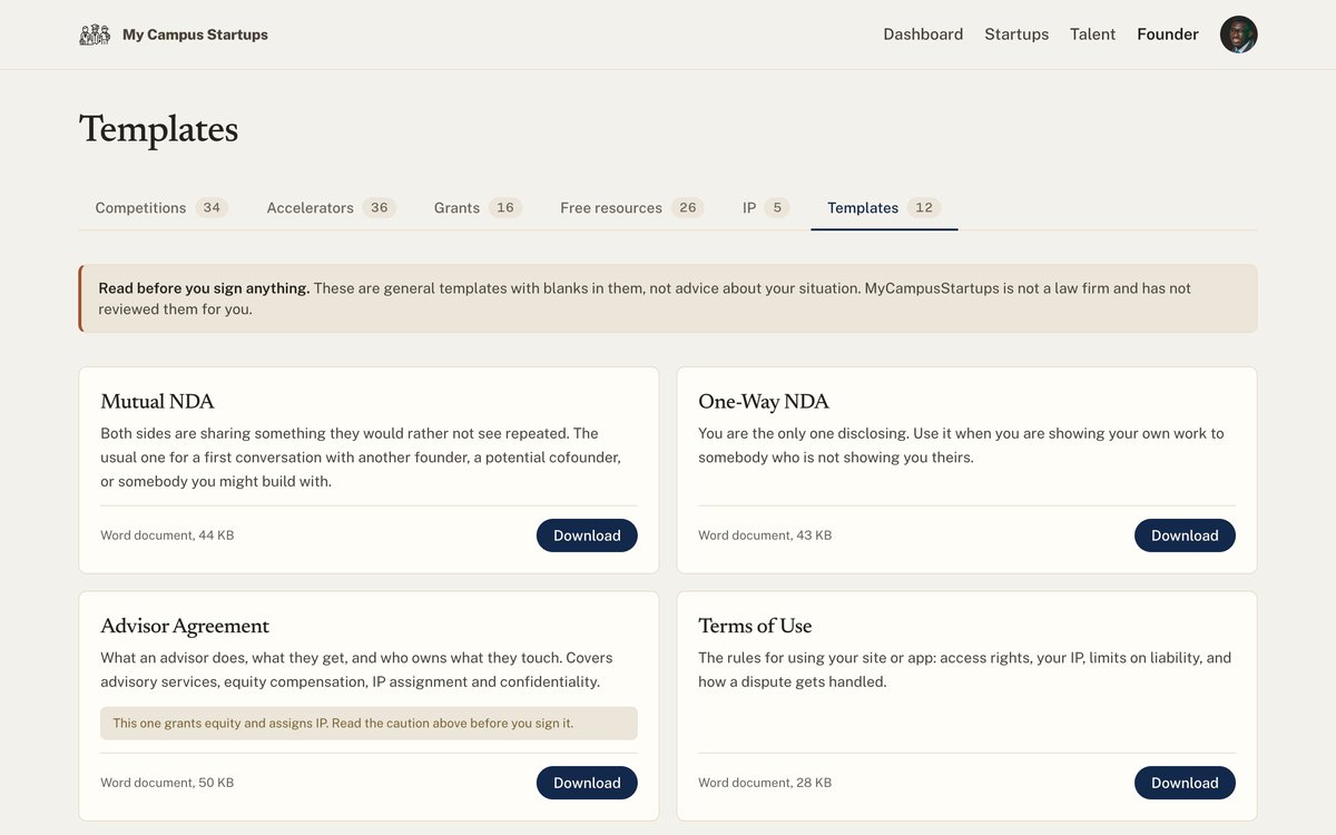 The templates library: mutual NDA, one-way NDA, advisor agreement, terms of use
